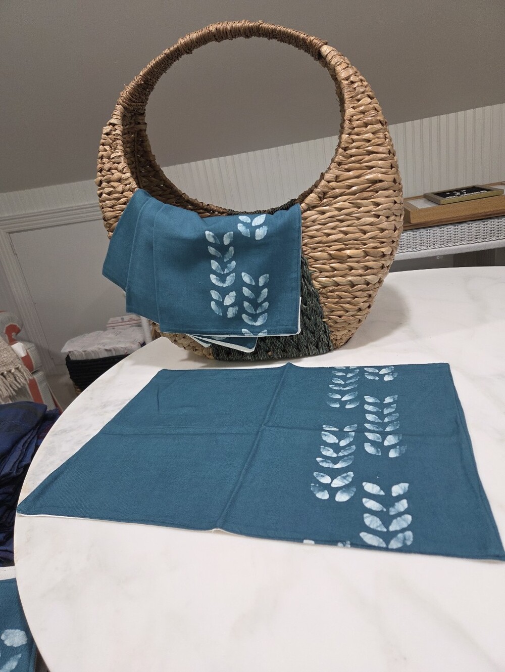 Handsewn Overdyed Artisan Napkin Set - Teal Leaf-Print Cotton - 4 Count